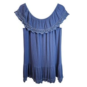 Umgee Blue Crochet Lace Ruffle Off Shoulder Tunic Top Mens L M2368 Boho Flowy